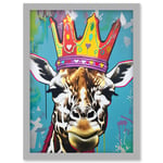 Giraffe With Queen Birthday Crown Modern Pop Art Artwork Framed Wall Art Print A4
