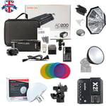 UK Godox 2.4 TTL HSS Two Heads AD200 Flash+X2T-O for Olympus + Softbox Reflector