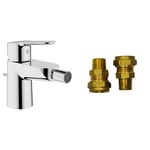 GROHE Start Edge & UK Adaptors – 1 Metal Lever Bidet Mixer Tap with Push-Open Pop-Up Waste Set (Water Saving Mousseur 5.7 l/min, 28 mm Ceramic Cartridge, Tails 3/8 Inch), Size 125 mm, Chrome, 23345000