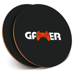 2 x Round Coasters - Gamer Logo Gaming Controller - Cork Backed Home Kitchen Accessory Tea Coffee Mug Mat #45125