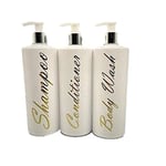 3 x Mrs Hinch PET Empty Refillable Bottles Shampoo Body Wash Shampoo 500ml With Lotion Tops For Soap Gel Liquid (Gold Writing)