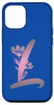 Coque pour iPhone 14 Pro Bleu foncé élégant floral monogramme rose dégradé lettre L