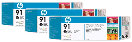 HP 91 3-pack 775-ml Photo Black DesignJet Pigment Ink Cartridges blekkpatron Original Foto sort