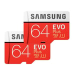 2PCS SAMSUNG EVO PLUS carte mémoire MICRO SD SDXC 64Go MB-MC64HA 100/20Mbs Idéale pour les smartphones Android les caméras d'action