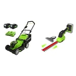 Greenworks Lawnmower, 2x 24 V 41 cm Cutting Width Mower Up to 220 m² with 50L Grassbag 6 Adjustable Central Cutting Heights + 2-in-1 Shear-shrubber and Grass Trimmer + 2x24V 2Ah Battery + Charger