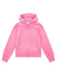 Juicy Couture Girls Diamante Velour Zip Through Hoodie - Hot Pink, Bright Pink, Size Age: 9-10 Years, Women