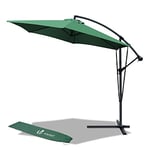VOUNOT 3m Cantilever Garden Parasol, Banana Patio Umbrella with Crank Handle, Wind Protection Strap and Tilt for Outdoor Sun Shade, Green