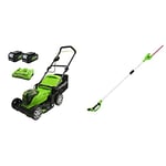 Greenworks Lawnmower, 2x 24 V 41 cm Cutting Width Mower Up to 220 m² with 50L Grassbag 6 Adjustable Central Cutting Heights + 24V 51cm Telescopic Hedge Trimmer + 2x24V 2Ah Battery + Charger
