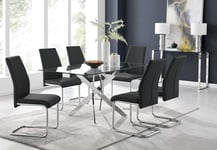 Leonardo Clear Glass And Chrome Metal Modern/Stylish Dining Table And 6 Modern Lorenzo Chairs Set (Dining Table + 6 Black Lorenzo Chairs)