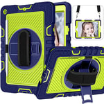 Case for iPad mini 6 Generation Case Shockproof Full Body Coverage with Built-in Kickstand and 360° Rotating Hand Strap& Stand Carrying Strap(Navy Blue + Yellow Green)