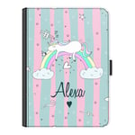 Personalised Initial Ipad Case For Apple iPad (2019) 10.2 inch (7th Generation), Pink Stripe Unicorn with Custom Dark Name and Heart, 360 Swivel Leather Side Flip Wallet Folio Cover, Unicorn Ipad Case