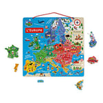 Janod - Carte d'Europe Magnétique en Bois 40 Pièces - Puzzle Éducatif pour Découvrir la Géographie, à Accrocher au Mur - Version - D ès 7 Ans, J05476
