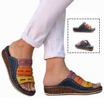 Women Summer Sandals Three Color Stitching Vintage Casual Hollow Closed Toe Beach Traveling Shoes Resistant Comfortable Platform Wedge Slides Slippersblue-40