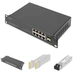 DIGITUS Set: Kit réseau 10 pouces - 1x switch réseau, 8 ports, 2x SFP-Uplink, non administrable - 1x module SFP, MM, LC - 1x panneau de brassage Cat-6A , 8 ports, LSA - 10x câble réseau Cat-6A, 0.25 m