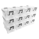 AMOS Set Of 12 x 0.2L Mini Clip Top Stackable Storage Boxes Clear Plastic Home Office Garage Organiser Containers (Silver)