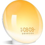 Väckarklocka med soluppgångs- och solnedgångssimulering, dubbla alarm, sänglampa, snooze-funktion, FM-radio, 7 naturliga ljud och 7 färgglada atmosfärer