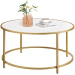 VASAGLE Table Basse Salon, Meuble en Verre, Cadre en AER, Table Basse Ronde, Doré et Blanc LCT091A10