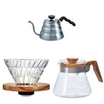 Hario Drip Kettle Small Olive Wood 02 Glass V60 Dripper and Olive Wood V60 Coffee Server 02 Size
