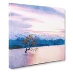 Lone Tree in New Zealand Painting Modern Canvas Wall Art Print Ready to Hang, Framed Picture for Living Room Bedroom Home Office Décor, 20x20 Inch (50x50 cm)