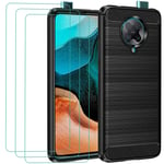 ivoler Case for Xiaomi Poco F2 Pro + 3 Pack Tempered Glass Screen Protector, Carbon Fiber Design Shock Absorption Bumper Cover, Slim Soft Silicone Shockproof Phone Case - Black