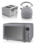 NEW Swan Kitchen Appliance Retro Set - GREY Digital 20L Microwave, GREY 1.7 Litre DOME Kettle & GREY Retro Stylish 4 Slice Toaster Set