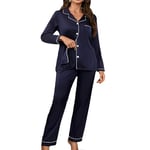 YUSHOW Pyjama Femme en Satin Ensemble de Pyjama Boutonnée Légère 2 Pièce Vêtements de Nuit en Soie Sleepwear Pjs Set pour Printemps été Automne,Bleu Marine,S