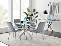 Novara Clear Tempered Glass 100cm Round Dining Table with Chrome Starburst Legs & 4 Pesaro Velvet Silver Leg Chairs