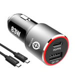 83W Snabbladdare för Bil till mobil och laptop, USB-C, USB-A Quick Charge 3.0 +2m USB C