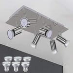 Modern 6 Way GU10 Ceiling spot Fittings Adjustable Brushed Chrome Kitchen Light with 6X LED Bulbs Cool White 6000K 5W