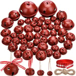 50 Pieces Jingle Bell with Star Cutout Metal Sleigh Bell Rustic Christmas Xmas Tree Ornaments Assorted Size with Hanging Ribbon and Rope for Holiday Wreath Garland Craft Decorations (Dark Red Bells)