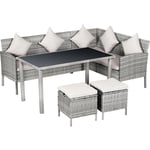 Salon de jardin 6 pers. grand confort canapé d'angle + 2 poufs + table à manger 9 coussins assise & dossier fournis résine tressée grise