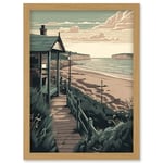Summer Beach House Coastal Landscape Illustration Artwork Framed Wall Art Print A4