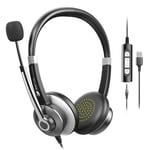 PC USB Headset with Microphone Noise Cancelling For Laptop, USB Computer Headsets In-Line Volume Control For Buisness Call Center Office, 3.5mm On-Ear Wired Headphones with Mic Zoom Skype Webinar