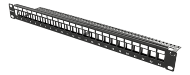 Deltaco 19" Patch panel, 1U, Keystone, 24 porter, uten kontakter, kabelstøtte, metall, svart