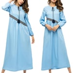 Women Embroidery Muslim Abaya Dress Elastic Cuff Skyblue L