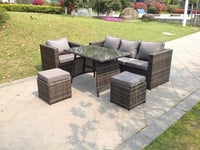 PE Rattan Outdoor Furniture Garden Dining Set with Oblong Dining Table Armchair 2 Small Footstools Dark Grey