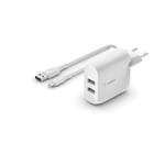 Belkin Boost Charge 24W USB A Mains Charger with Dual Ports and USB A/Micro USB Cable (For Devices such as Smartphones, Tablets, Wireless Headphones, Powerbanks and Portable Speakers)