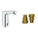 GROHE Eurosmart CE & UK Adaptors - Touchless Basin Mixer Tap with Infrared Sensor & Pop-Up Waste (Water Saving Tech., Battery Powered, 7 Pre-Set Programs, Tails 3/8 Inch), Size 132mm, Chrome, 36331001
