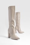 Womens Croc Block Heel Knee High Boots - Beige - 6, Beige