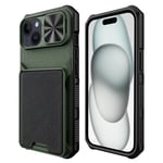iPhone 15 Hybrid Håndverker Deksel m. Kortholder &amp; Cam Slider - MagSafe Kompatibel - Grønn / Svart