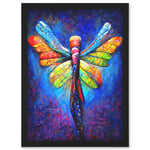 Vibrant Neon Dragonfly Glowing Night Oil Painting Artwork Framed Wall Art Print A4