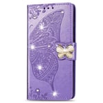 A12 / M12 Phone Case Samsung, Cute Glitter Bling Shockproof Folio Flip Leather Wallet Cover Butterfly with Card Slot Stand Silicone Bumper Case for Samsung Galaxy A12 / M12 Case Girls, Light Purple