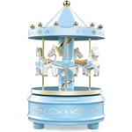 Karusell Speldosa - Lättsnurrad Musikkarusell, Klassisk Dekoration med 4 Hästar, Ornament Barnfödelsedagspresent Bröllopsdekoration blue