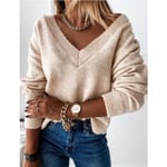 Women Winter Warmer Pullover Sweatshirt V-neck Cable-knit Jumper Apricot L