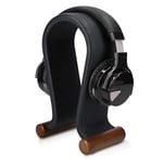 Navaris Omega Headphone Stand - Synthetic Leather Headset Hanger with Wooden Base - Holder for Wired, Wireless, Gaming, DJ, Studio Headphones - Black