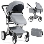 2 in 1 Baby Stroller Convertible Reversible Bassinet Pram with Rain Cover Foldable Aluminum Alloy Pushchair