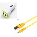 Pack Chargeur Voiture Pour Iphone 11 Lightning (Cable Smiley + Double Adaptateur Led Allume Cigare) Apple - Jaune
