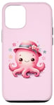 Coque pour iPhone 14 Pro Fond rose avec pieuvre mignonne avec chapeau et fleurs