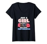 Womens Just a Girl Who Loves Photography Vintage Style Camera Lover V-Neck T-Shirt