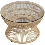 Outsunny Table Basse de Jardin Ronde, Table d'appoint en résine Aspect rotin et Plateau Verre trempé Ø60 x 37H cm Naturel